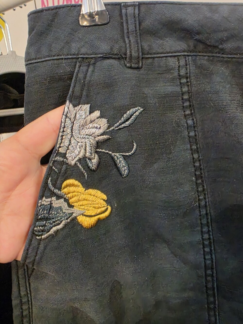FREE PEOPLE Embroidered Black Denim Shorts with Floral Detail - Picture 6 of 16